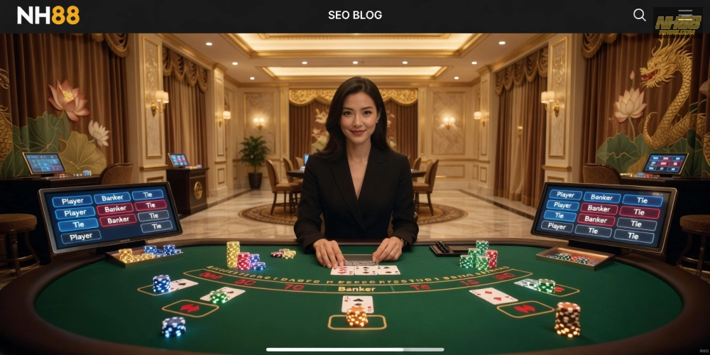 Minh họa khái niệm baccarat live casino nh88 với dealer chuyên nghiệp và bàn chơi hiện đại