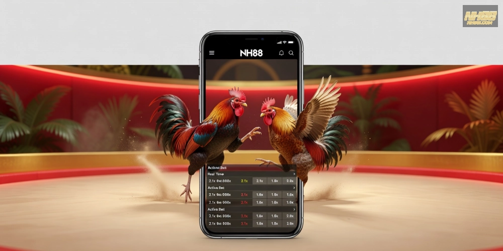 Minh họa khái niệm đá gà trực tuyến nh88 với giao diện nền tảng hiện đại và biểu tượng gà chọi