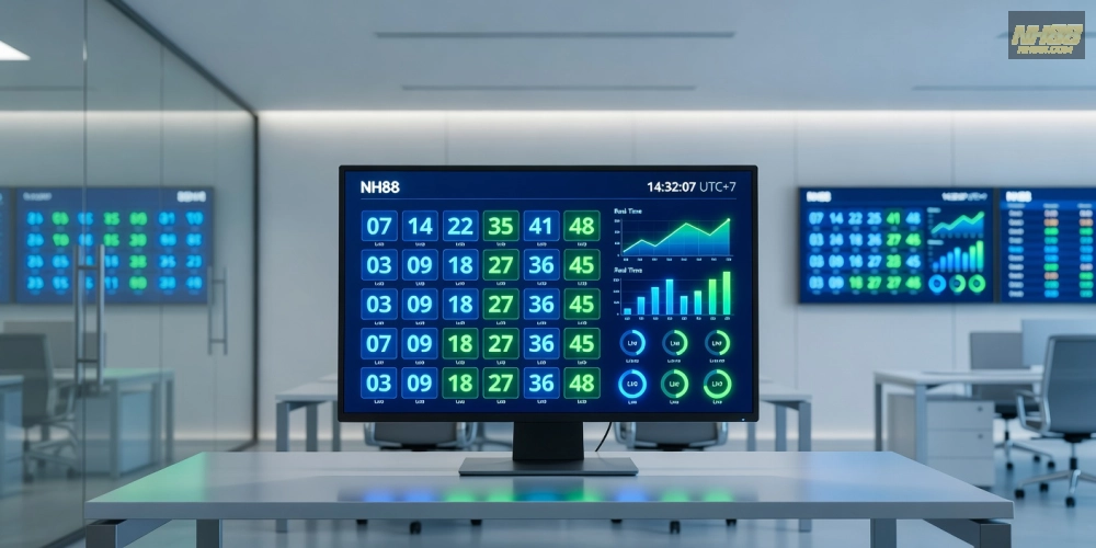 Minh họa khái niệm kết quả xổ số nh88 với biểu đồ thống kê và giao diện trực tuyến