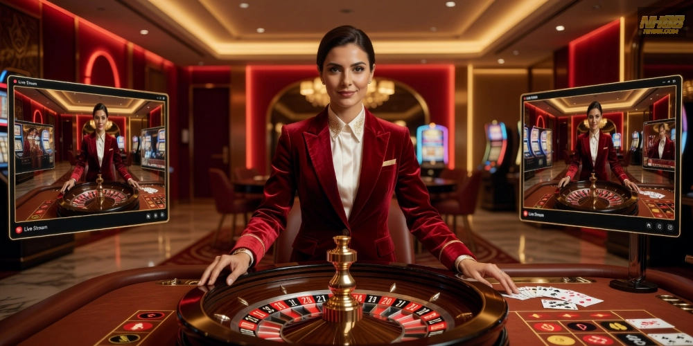 Minh họa khái niệm live casino online nh88 với dealer trực tiếp và bàn chơi chuyên nghiệp